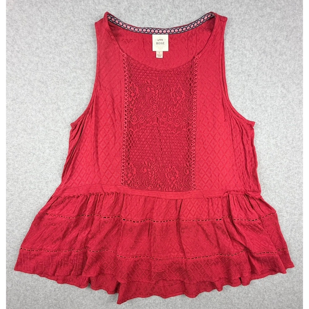Knox Rose Red Lace Crochet Tiered Peplum Sleeveless Blouse Large
